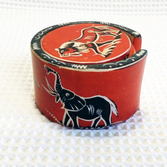 African Animals Hand Carved Kisii Soapstone Coasters-Set of 6-Black/Red/White - Picture 7 of 11